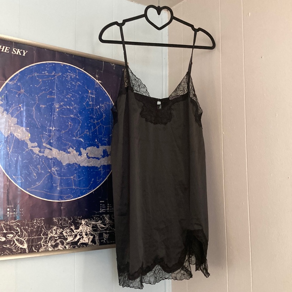 Black Satin Slip with Lace Trim